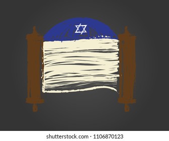 Torah scroll and Blue kippah on black background