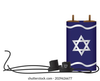 Torah scroll with Blue Silver Star of David cover, and Black tefillin on White background