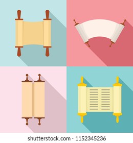 Torah Scroll Book Bible Shavuot Icons Set. Flat Illustration Of 4 Torah Scroll Book Bible Shavuot Vector Icons For Web