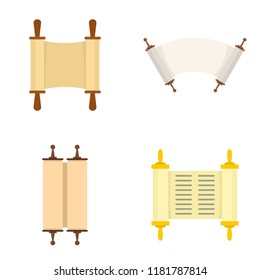 Torah Scroll Book Bible Shavuot Icons Set. Flat Illustration Of 4 Torah Scroll Book Bible Shavuot Vector Icons For Web