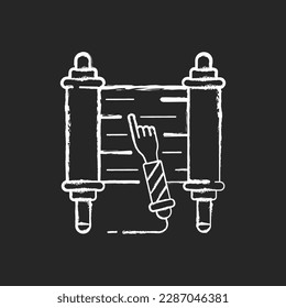 Torah scroll chalk white icon on black background. Hebrew Bible. Esther Scroll. Purim celebration. Shavuot night. Jews with God relationship records. Isolated vector chalkboard illustration