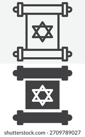Torah scroll depicted in line, outline and solid icon looks. Editable stroke vector sign and symbol. This Torah icon set shows two symbolic Jewish scripture styles.