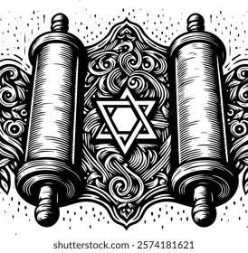 The Torah scroll, as depicted in the linocut, is a powerful symbol of Judaism. Black and white palette underscores the sacredness and importance of the Torah scroll in this linocut