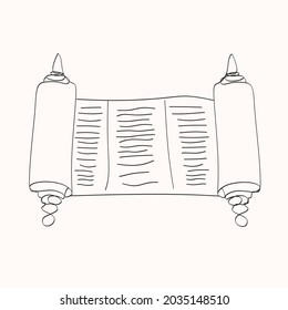 torah scroll doodle icon. One continuous single drawing line art flat doodle scroll, torah, hebrew, religion, judaism, religious, parchment. Isolated image hand draw contour on a white background
