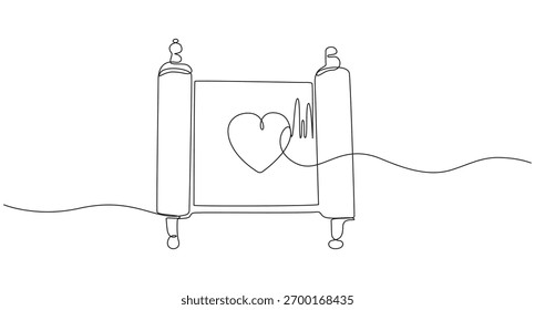 Torah scroll and heart continuous single line art drawing vector illustration of jewish torah scroll,Continuous Line Heartbeat on Scroll,Continuous Line Drawing of a Torah Scroll with Star of David