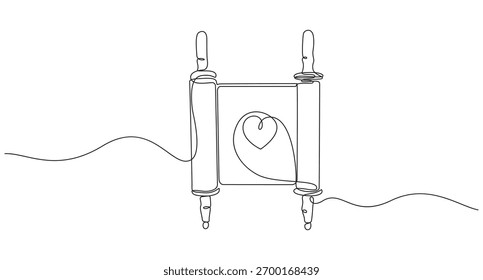 Pergaminho de Torá e coração contínuo desenho de uma única linha ilustração vetorial de pergaminho de Torá judeu,Linha contínua Pulsação em Scroll,Linha contínua Desenho de um Pergaminho de Torá com Estrela de David