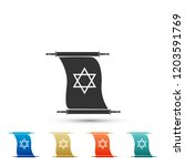 Torah scroll icon isolated on white background. Jewish Torah in expanded form. Torah Book sign. Star of David symbol. Simple old parchment scroll. Colored icons. Flat design. Vector Illustration