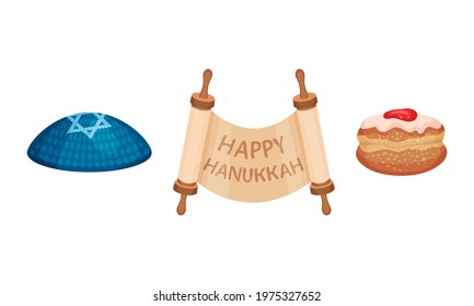 Torah Scroll and Jewish Kippah as Hanukkah Symbols and Objects for Jewish Holiday Celebration Vector Set