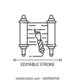 Icono de desplazamiento lineal de Torah. Biblia hebrea. Esther Scroll. Yemenita. Celebración del Purim. Noche de Shavuot. Ilustración personalizable de línea delgada. Símbolo de contorno. Dibujo de contorno aislado del vector. Trazo editable