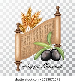 Torah Scroll Shavuot Holiday. Stone Bible and ears of wheat. The illustration is drawn by hand. Handmade. Vector