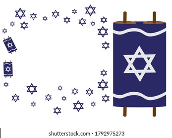 Torah Scrolls And Blue Star Of David Symbols On White Background