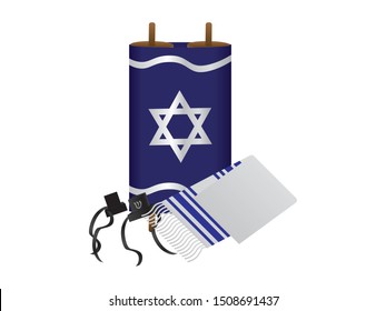 Torah, Tefillin and Tallit - Jewish Religious Symbols on White Background