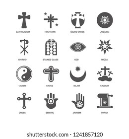 Torah, Wicca, God, Cross, Calvary, Catholicism, Chi Rho, Taoism, Jainism, Semitic Neopaganism, Celtic Cross icon 16 set EPS 10 vector format. Icons optimized for both large and small resolutions.