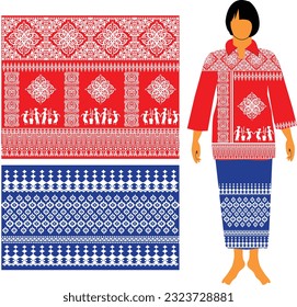The Toraja batik motif is one color for women's clothing with red and blue fabric as the base color. Ready to print and editable.