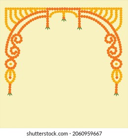 Toran Indian door arch decoration with marigold flowers in yellow and orange color and mango leaves on pastel yellow background