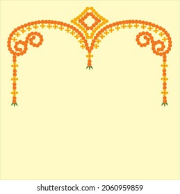 Toran Indian door arch decoration with marigold flowers in yellow and orange color and mango leaves on pastel yellow background