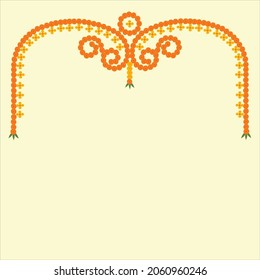 Toran Indian door arch decoration with marigold flowers in yellow and orange color and mango leaves on pastel yellow background