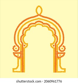 Toran Indian door arch decoration with marigold flowers in yellow and orange color and mango leaves on pastel yellow background