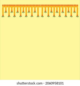 Toran Indian door decoration with marigold flowers in yellow and orange color and mango leaves arranged in lines on yellow background