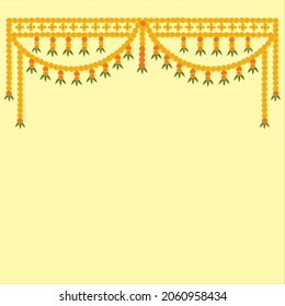 Toran Indian door decoration with marigold flowers in yellow and orange color and mango leaves arranged in circle and lines on pastel yellow background