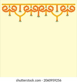 Toran Indian door decoration with marigold flowers in yellow and orange color and mango leaves arranged in circular form on pastel yellow background