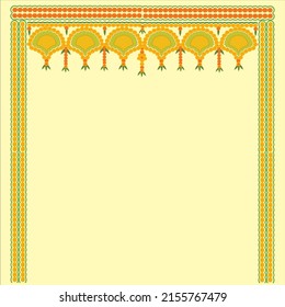 Toran Indian traditional door decoration with marigold flowers in yellow and red color with yellow color in between on light yellow background.