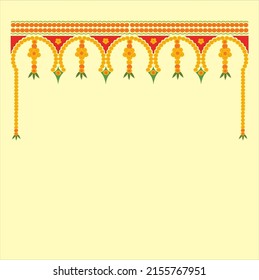 Toran Indian traditional door decoration with marigold flowers in yellow and red color and green mango leaves with red and green color color in between on light yellow background.