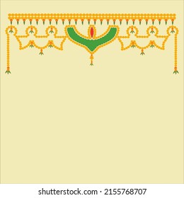 Toran Indian traditional door decoration with marigold flowers in yellow and red, green mango leaves and green  color in the top centre on cream color background.