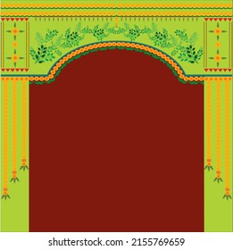 Toran Indian traditional door decoration with marigold flowers in yellow and red color, green decorative motifs in the arch on green color, maroon color in the window.

