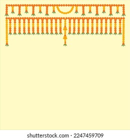 Toran Indian traditional door decoration with marigold flower and mango leaves arranged at the top in lines on off white color background.