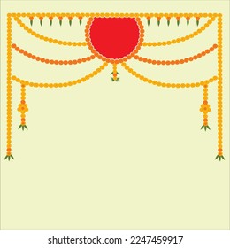 Toran,  Indian traditional door decoration with marigold flower and mango leaves arranged at the top in long loops with red circle in the centre on off white color background.