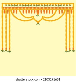Toran Indian traditional hanging decoration of marigold orange and red flowers on light yellow background.