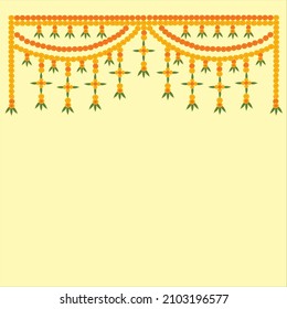 Toran Indian traditional hanging decoration with orange and red marigold flowers and green leaves on off white background.