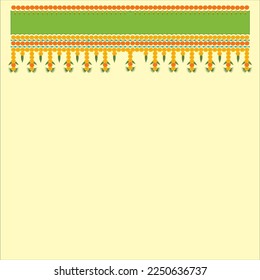 Toran, Indian traditional hanging floral decoration with marigold flowers and mango leaves and green color band on top on off white color background.