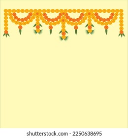 Toran, Indian traditional hanging floral decoration with marigold flowers and mango leaves arranged in loops on off white color background.