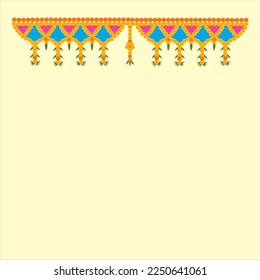 Toran, Indian traditional hanging floral decoration with marigold flowers and mango leaves around pink and blue triangle shape on off white color background.