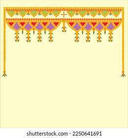 Toran, Indian traditional hanging floral decoration with marigold flowers and mango leaves arranged around green, violet, red triangle on off white color background.