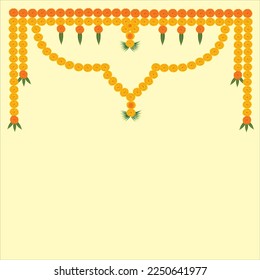 Toran, Indian traditional hanging floral decoration with marigold flowers and mango leaves on off white color background.