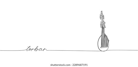 Torban one line art. Continuous line drawing of music, instrument, folk, musical, ukrainian, culture, acoustic, ethnic, lute, kobza, traditional, string with an inscription, lettering, handwritten.