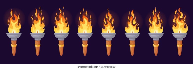 Torch animation. Animated fire brand, flame old candle or medieval bonfire beach pillar, cartoon spark flames 2d sequence loop magic light burning effect, vector illustration of fire animation torch