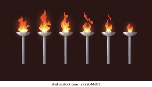 Sprite sheet de animação de tocha. Sequência de fogo queimando para jogos 2d, conjunto de efeitos de chama looping para projetos de vídeo de desenhos animados. Antiga lanterna esportiva. Ilustração vetorial em um plano de fundo preto