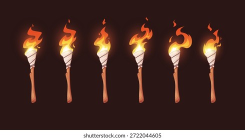 Hoja de sprite de animación de antorcha. Video Secuencia de fuego ardiente para juegos 2d, conjunto de efectos de llama en bucle para proyectos de dibujos animados. Mano hecha antorcha de supervivencia primitiva. Ilustración vectorial sobre un fondo negro
