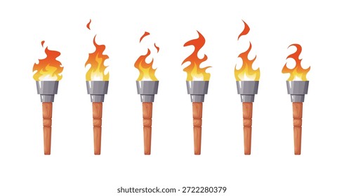 Hoja de sprite de animación de antorcha. Secuencia de llama ardiente para juegos 2d. Video Conjunto de efectos de fuego en bucle para proyectos de dibujos animados. Ancestral antorcha medieval. Ilustración vectorial aislada sobre fondo blanco