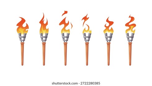 Torch Animation Sprite Sheet. Brennende Feuersequenz für 2D-Spiele. Antike mittelalterliche Fackellichter. Set von Schleifenflammeneffekten für Cartoon-Videoprojekte. Vektor einzeln auf weißem Hintergrund