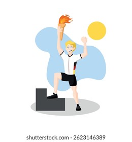 Torch bearer celebrates win. Vector illustration
