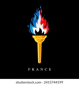 Antorcha con una llama feroz azul-blanca-roja. Incendio en los colores de la bandera de Francia. Antorcha de llama francesa de la victoria del campeón. El icono de la llama. Ilustración del vector