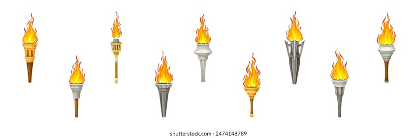 Taschenlampe mit Bright Burning Fire Flame Vektorgrafik Set