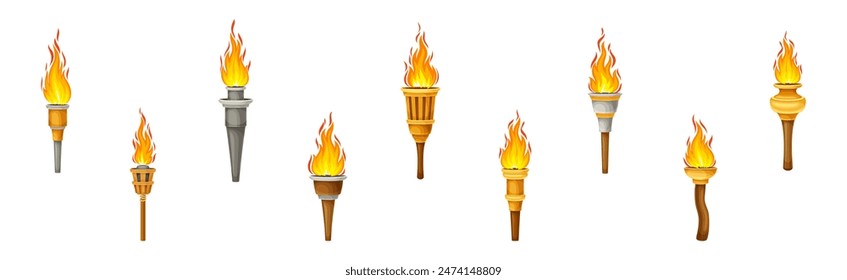Torch with Bright Burning Fire Flame Vector Set