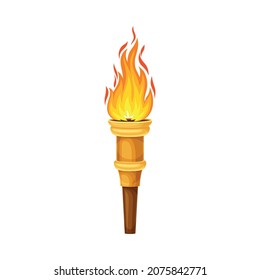 Torch with Brightly Burning Fire on Top as Ignited Light Source Vector Illustration