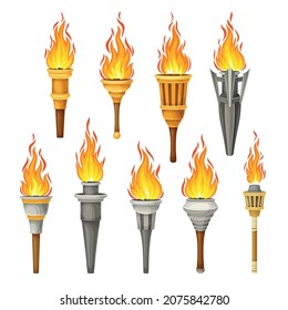 Torch with Brightly Burning Fire on Top as Ignited Light Source Vector Set